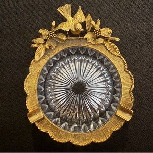 Vintage Matson Bird & Dogwood Ashtray Hollywood Regency Cut Glass Ormolu Dish